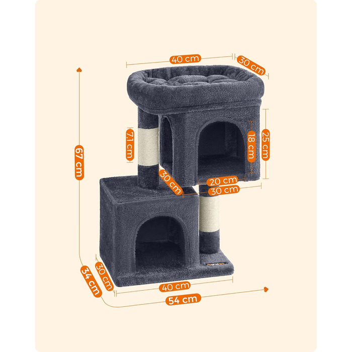Feandrea Cat Tree Small, 67 cm Cat Tree, Cat House for Kittens up to 3 kg, Large Platform, Sisal Posts, PCT611W01 (Smoke Grey)
