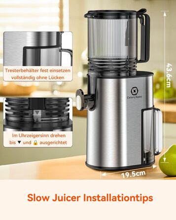 Соковитискач CelerySpec Slow Juicer - переможець тесту, для цілих овочів та фруктів, 130 мм, 1.8л, BPA-free, 250W, з функцією зворотного ходу, нержавіюча сталь, чорний