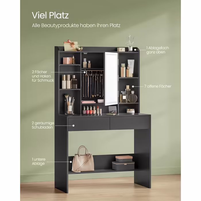 VASAGLE Vanity Table with LED Lighting, 3 Colors with Adjustable Brightness, Dressing Table with Mirror, Makeup Table with Adjustable Shelves, 2 Drawers, Modern, White RDT123T14 (Ink Black)