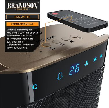 Керамічний обігрівач Brandson з дистанційним керуванням, для ванної кімнати, енергозберігаючий, тихий, з осциляцією, 2 режими нагріву, таймер, сертифікат GS, колір золото