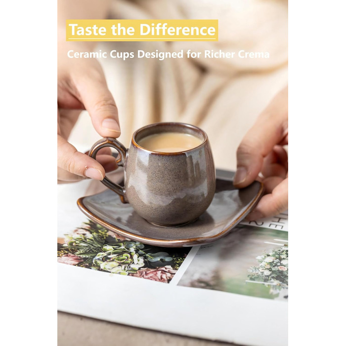 Набір кавових чашок для еспресо LYEOBOH (6 шт.) з підставками, 85 мл, кераміка, білий (A-brown)