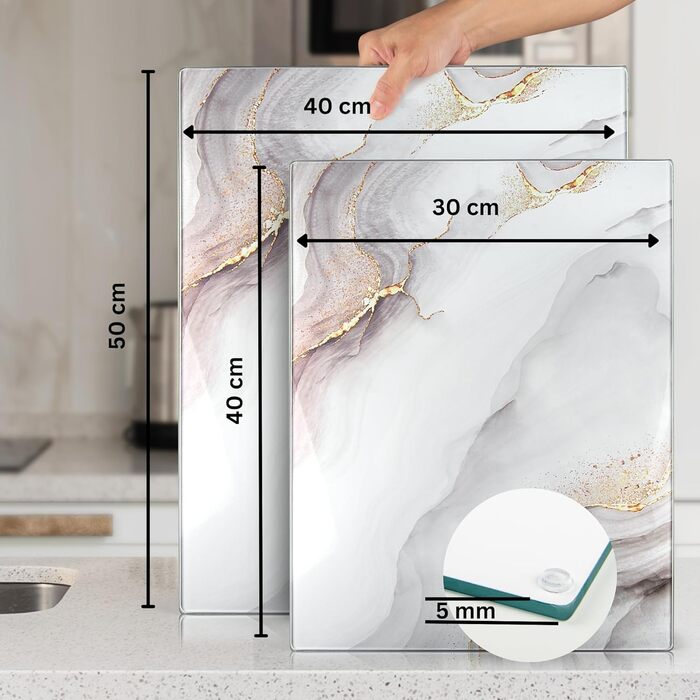 Скляна дошка для нарізання 40x30 см – гігієнічна скляна дошка з загартованого скла – стійка до високих температур, подряпин та ковзання – скляна плита для кухні – чорна з ма Marmoroptik (Design 07, 50L x 40B cm)