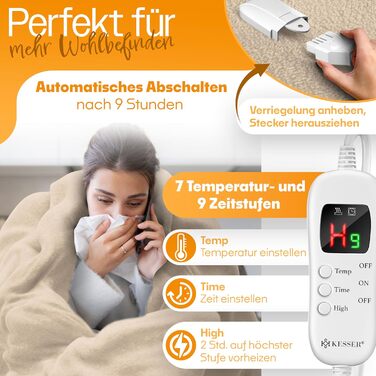 Електрична грілка KESSER® з плюшу 180x130 см сірого кольору | з таймером, автоматичним вимкненням, 9 температурних режимів, цифровим дисплеєм, прання до 40°C, сертифікат TÜV SÜD GS