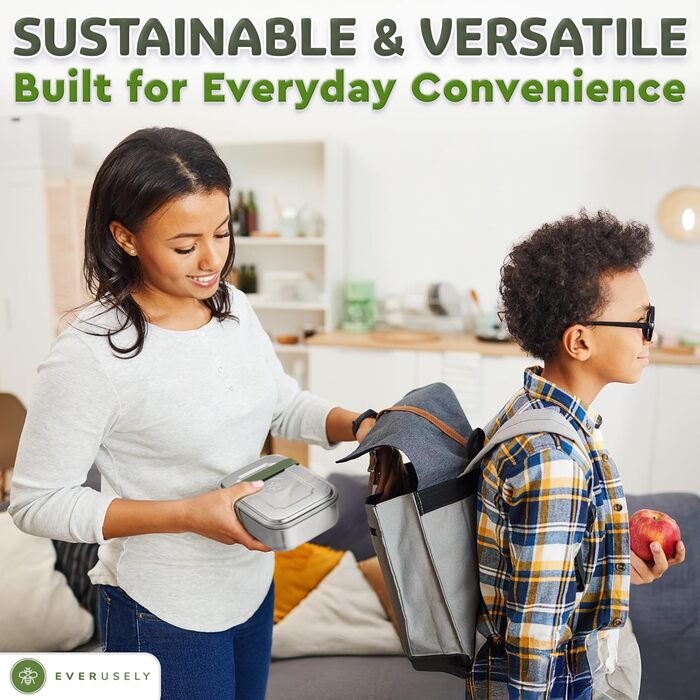 Everusely Ланчбокс Bento Box 0,8 л з нержавіючої сталі з контейнером для спецій та органайзером для перекусів (3 відділення)