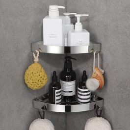 DUFU Shower Shelf Corner Shelf, Shower Caddy No Drilling Bathroom Shelf Stainless Steel SUS304 Shower Basket Self-Adhesive, Corner Bathroom Organizer Shampoo Holder with 4 Hooks for Shower (Silver-2 Pack)