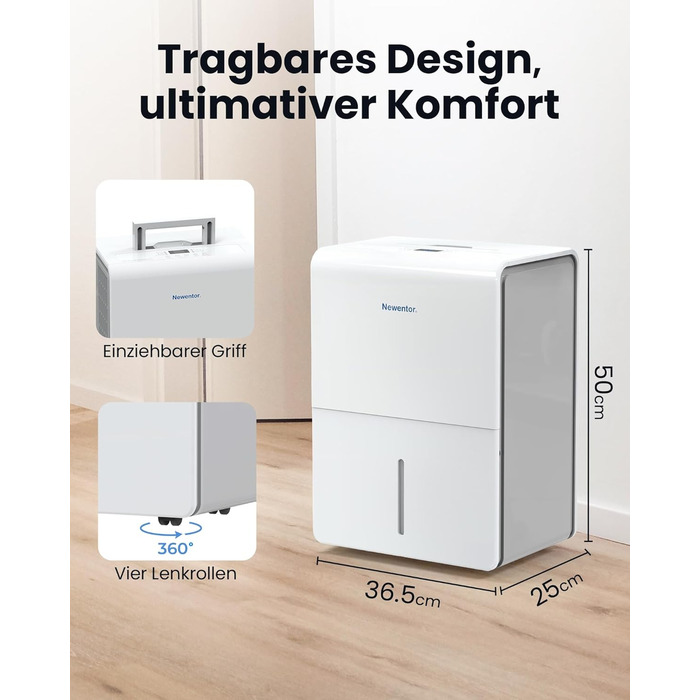 Електричний осушувач повітря Newentor 12L - для підвалу та дому, з таймером, фільтром та шлангом 1м, 10 років гарантії (25л/день)
