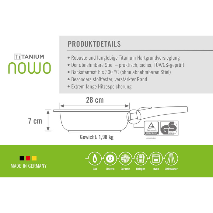 Сковорода Woll Nowo Titanium з високим бортиком 28 см, алюмінієва, знімна ручка, для газу, електро, кераміки, духовки, чорна