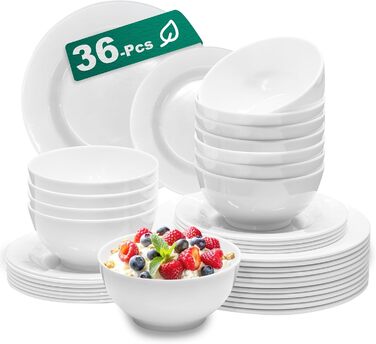 Набір посуду 12 шт. – 36 предметів, міцний, легкий, з мисками для каші 26 oz, десертними та обідніми тарілками 10,5 дюймів, придатний для миття в посудомийній машині, багаторазовий, подарунок для дому, для щоденного використання, посуд білий