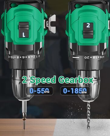 Акумуляторний шуруповерт безщітковий 21V BETENST з акумулятором 2.0Ah, 45Nm, 20 моментів, патрон 10mm, 2 швидкості, 20-ти елементний набір для дому, саду та DIY проектів (зелений)