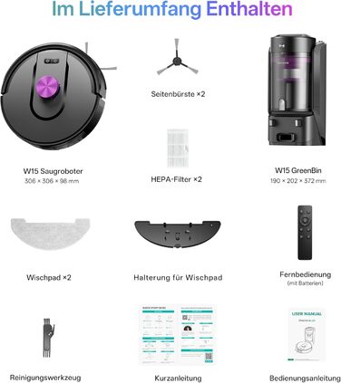 Робот-пилосос Vexilar W15 з функцією миття підлоги, бездротовий, 10000Pa, LiDAR, 180 хвилин, керування через додаток та голосовий помічник