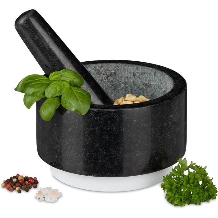 Гранітний ступка з толуштою Relaxdays – 14 см, 400 мл, сірий/білий | Для спецій та трав