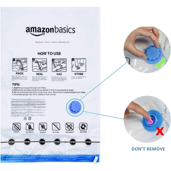 Amazon Basics Garment Bags with Airtight Valve and Hand Pump - Multiple, 3 x Jumbo, 3 x Large, 3 x Medium, 3 x Small, 12-Pack, Zipper, Transparent