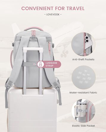 LOVEVOOK Рюкзак для ручної поклажі 40L, сіро-рожевий, для ноутбука 17.3