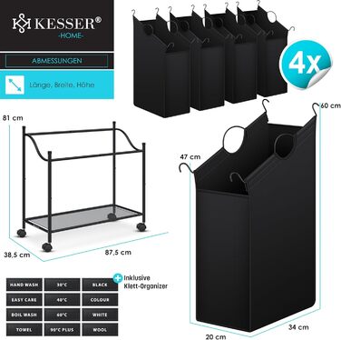 KESSER® Laundry Basket, Laundry Collector, Laundry Sorter with 4 Removable Fabric Bags | 4 Compartments x 35 Liters | Laundry Box with 12 Laundry Instructions, 360° Swivel Wheels with Brake, Laundry Sorting System, Laundry Cart, Black