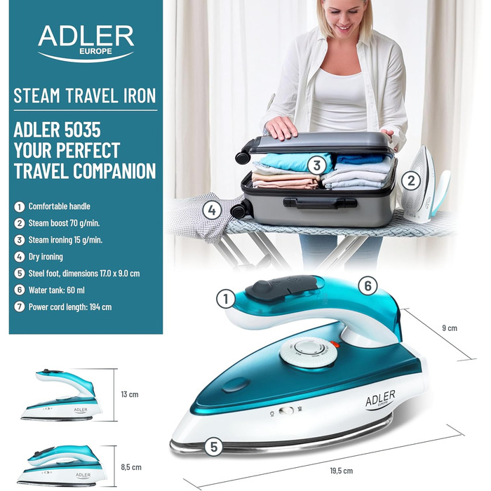 Подорожній праска Adler Europe Mini 1700W з нержавіючою підошвою, 60 мл резервуар та 1,94 м кабелем