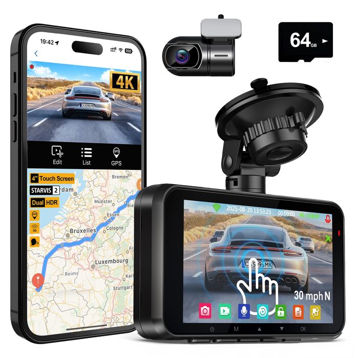 Відеореєстратор HUPEJOS 4K для авто (двоканальний, STARVIS, HDR, GPS, WiFi, нічна зйомка, 64GB карта в комплекті)