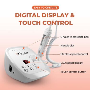 Nagelfräzer JCMaster Profi: Електрична фрезер для нігтів з педаллю, 35000 об/хв, 6 насадок, сенсорне керування (Білий)