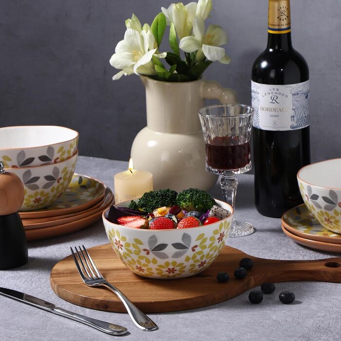 Набір посуду Lorren Home Trends 12 предметів, жовтий, з мармуровим малюнком, для 4 осіб, для мікрохвильовки та посудомийної машини