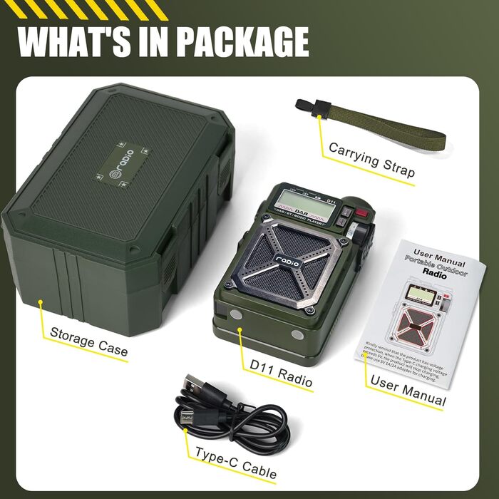 Портативне радіо DAB/DAB+ та FM з Bluetooth 5.3, сонячне радіо, радіо з ручним зарядним пристроєм, SOS, ліхтарик, роз'єм для навушників, SD-карта, USB, 4000 mAh, радіо для надзвичайних ситуацій, темно-зелене, з екраном