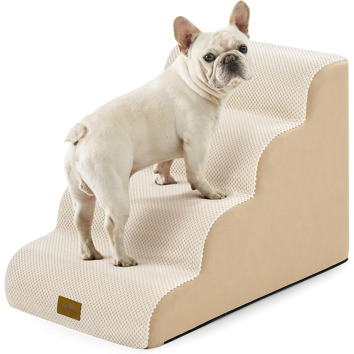 Сходинки для собак маленьких порід 50 см: зручні та безпечні для ліжка, 4 сходинки, матеріал - високощільний губчатий, миючий чохол, антиковзаюче покриття, бежевий колір (40x72x50 см)