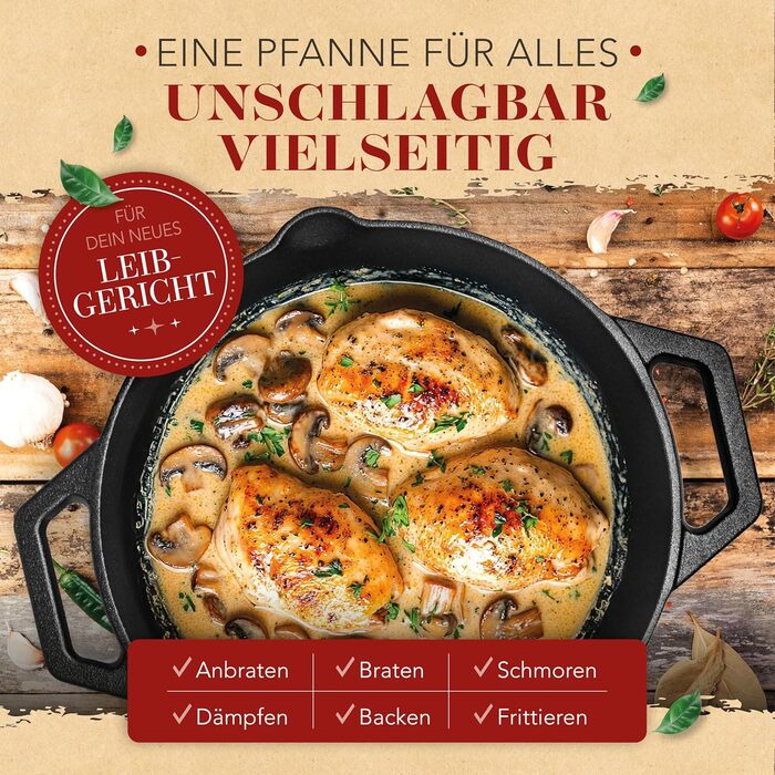 Чавунна сковорода гриль Krustenzauber 26 см з індукційним дном та двома ручками - рифлена, для смаження м'яса та овочів