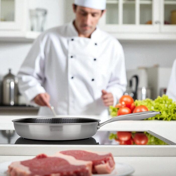 Сковорода EliteHoff Premium 28 см, антипригарна з вафельною структурою, універсальна для всіх плит, індукційна, без PFOA, для духовки та посудомийної машини, срібна (E-7550)