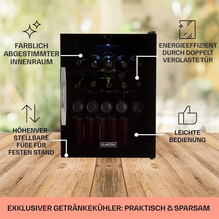 Klarstein Mini Fridge with Glass Door - 60 Liter Beverage Cooler with Adjustable Shelves & Wave Design Racks - Quiet Operation - Black