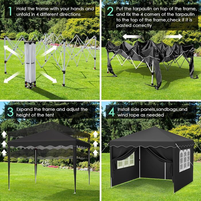 3x3 Gazebo, Waterproof Folding Gazebo Stable, Winter-Proof, UV Protection 50+, 3x3 Folding Gazebo with 4 Side Panels, Adjustable Height Garden Gazebo, Foldable Pavilion Tent for Camping, Parties (Black)