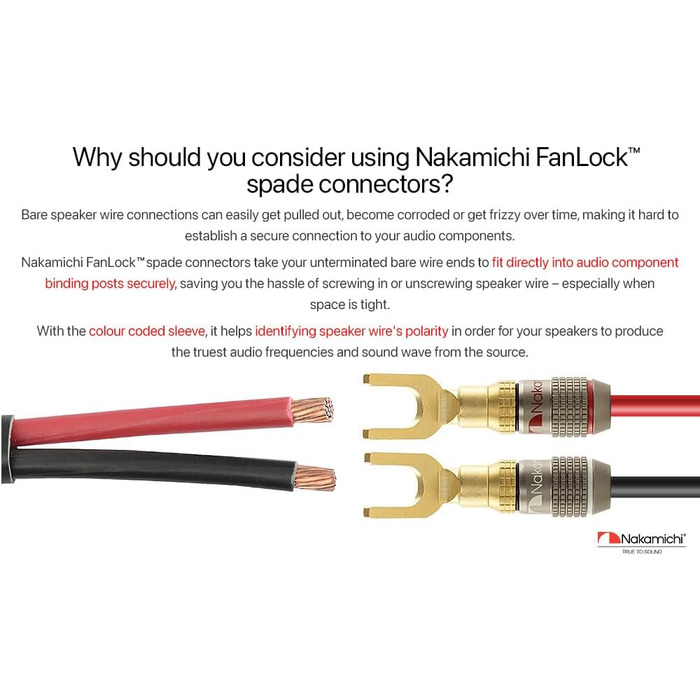 Позолочений Y-подібний роз'єм Nakamichi FanLock Excel-Serie для акустичних кабелів 10-18 AWG, 4мм, для Hi-Fi стерео та домашнього кінотеатру, 4 шт (2 пари)