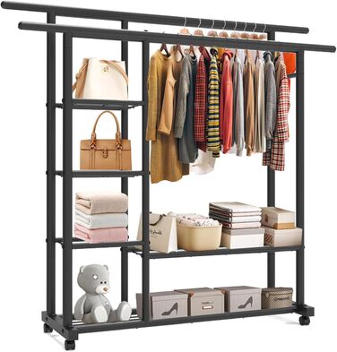 Металевий вішак для одягу GETCO TECH 150см з 6 полицями та 2 перекладинами, на коліщатах