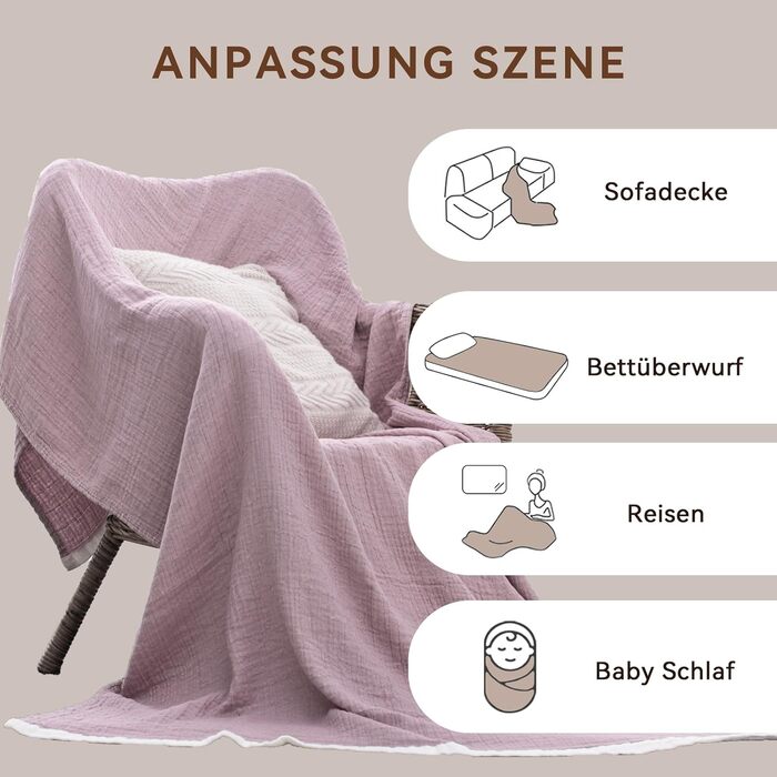 М'яка ковдра Softexly з бавовни 100%, 4-шарова муслінова ковдра, плед для ліжка, дивана, вітальні. Плед для дивана, ліжка, вітальні, 130x150 см, білий (фіолетовий)