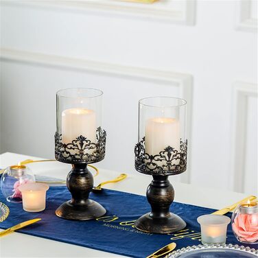 Sziqiqi Candle Holders Set Vintage Distressed Black Hurricane Candle Holders 2 Pieces, for Pillar Candles Wedding Party Home Decoration Fireplace Mantel Decoration 27cm & 33cm (2 Pieces Small, Black)