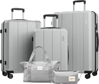 Набір валіз, багажний набір, роликові валізи, дорожній набір валіз 5шт, ABS пластик, TSA замок, містить 1 сумку та 1 косметичку, 4 колеса, телескопічна ручка з алюмінію (рожеве золото) (темно-сірий)