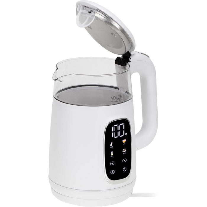 Електричний чайник Adler з регулюванням температури 2200W, 1.7L з LED-дисплеєм та сенсорною панеллю, 5 температурних програм, функцією підтримання тепла, з фільтром (Білий, Сріблястий)