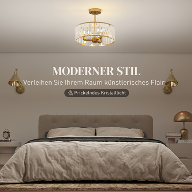 HOMCOM Chandelier with Crystal Shade - 3-Light Gold Metal Finish