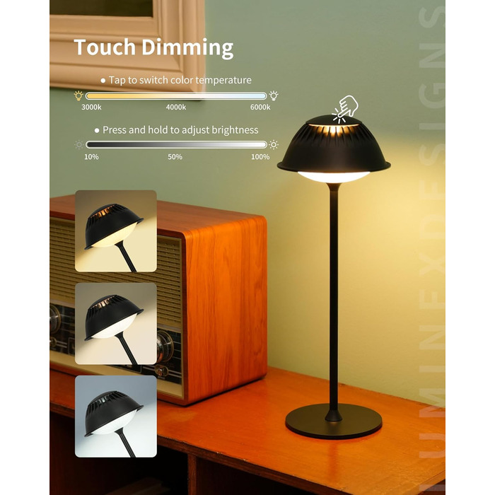 Світлодіодна настільна лампа бездротова LED для вулиці та дому, димована, з акумулятором 5200mAh, водонепроникна IP54, чорна (2 шт)