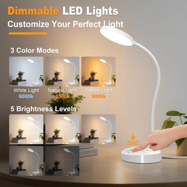LED настільна лампа 15W з USB-A та USB-C – диммування, 3 колірні температури, 5 рівнів яскравості, таймер, гнусий 360° шийка, захист очей, для офісу та спальні (біла, 12 см)