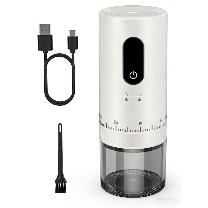 Портативна кавомолка з акумулятором 2000mAh, керамічний жорно, швидка малівка, для подорожей та кемпінгу, білий колір