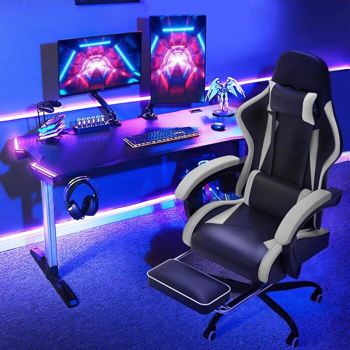 Devoko Massage Gaming Chair, Computer Office Chair with Footrest, Racing Gamer Chair 150kg Weight Capacity, 90-135° Adjustable Backrest, 360° Swivel, Gray