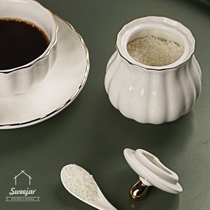 Sweejar Home Royal Ceramic Sugar and Creamer Set, 3-Piece Set with Cream Pitcher, Sugar Bowl, Sugar Set with Lid and Spoon, Coffee Service, Wedding Gift (White, New)