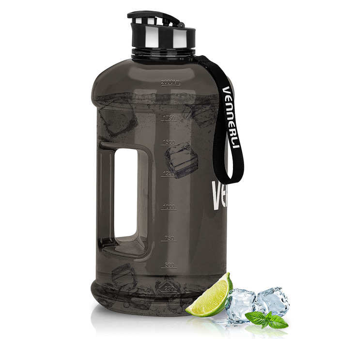 Пляшка для води 2.2л з ручкою, велика портативна пластикова, BPA-free, для спорту, туризму, фітнесу, подорожей, чорна