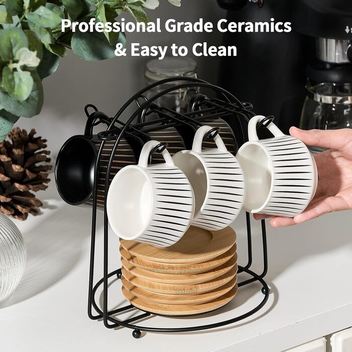 Набір керамічних кавових чашок з блюдцями LUKA, 6 шт., 118 мл, порицелан, для еспресо, лате, кави, мокко, чаю, смугастий дизайн, білий та чорний колір