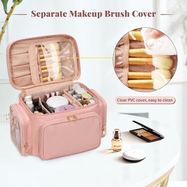 Косметичка велика для подорожей, жіноча косметичка з відділенням для пензлів, портативна органайзер для макіяжу (рожева)