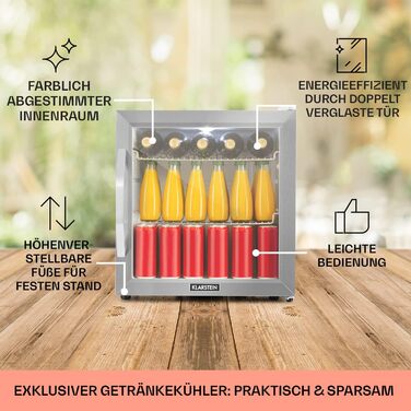 Klarstein Mini-холодильник з скляними дверцятами, 47 літрів, для кімнати, тихий, indoor/outdoor, срібно-білий