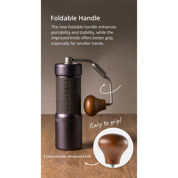 Кавомолка ручна 1Zpresso J-Ultra, сірий колір, конічні жорна, складний руків'я, магнітний контейнер 40г, регулювання помелу, швидка кавомолка для еспресо