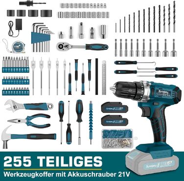 Набір інструментів Sundpey 255 шт. з акумуляторною дриль-шуруповертом 21V - Ящик для інструментів з шуруповертом, акумулятором 2 * 2000mAh, ящик з шухлядою для ремонту дому та автомобіля (Чорний)