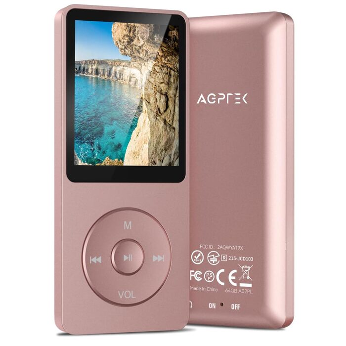 MP3 плеєр AGPTEK 64GB HiFi музичний плеєр з часом роботи до 70 годин, підтримка карт пам'яті до 128 ГБ, легкий та компактний, рожевий