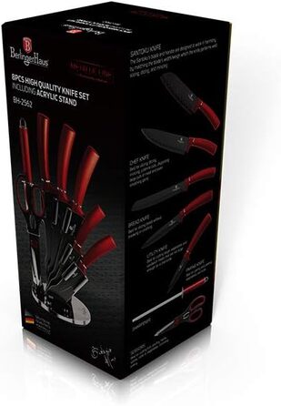 Набір кухонних ножів BerlingerHaus Burgundy 8 предметів, нержавіюча сталь, антипригарне покриття, тримач з акрилу, ніж кухарський, ніж для цибулі, ніж Сантоку, точилка, ножиці, металевий дизайн, червоний