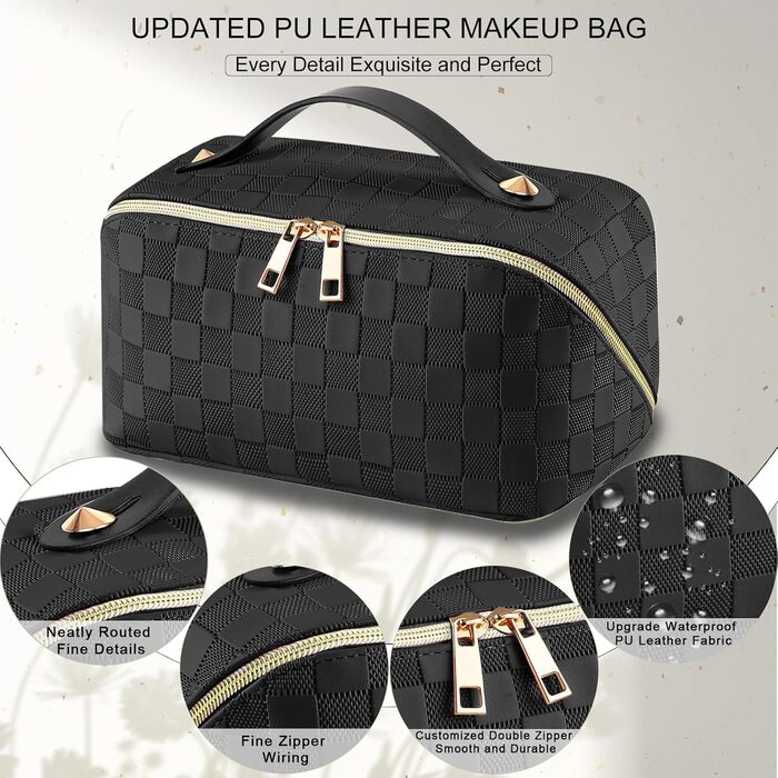Косметичка для подорожей жіноча, велика містка, з PU шкіри, органайзер для макіяжу, культбагаж, косметичка для подорожей, аксесуари для подорожей, чорно-біла в клітинку