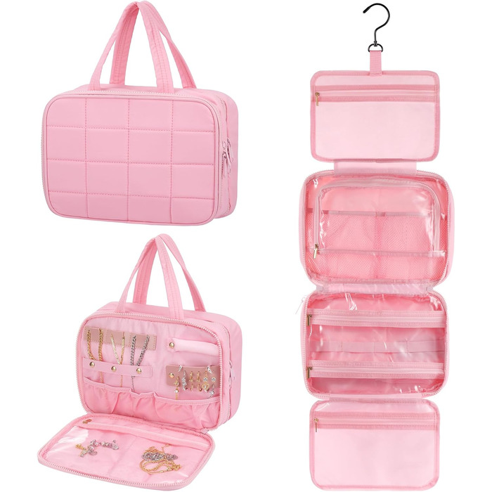 Кришталево-рожева дорожня косметичка для жінок з організатором для прикрас та гачком, водонепроникна, з кількома відділеннями